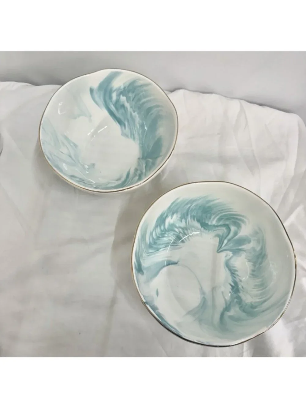 Glitter Ville Stephen Brown Bowl Aqua Swirl Gold Trim Bowl 7” Set Of 2